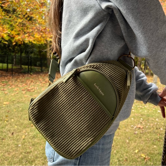 Haute Hippie Olive Corduroy Sling Bag – Gold Hardware, Striped Strap - Picture 4 of 12